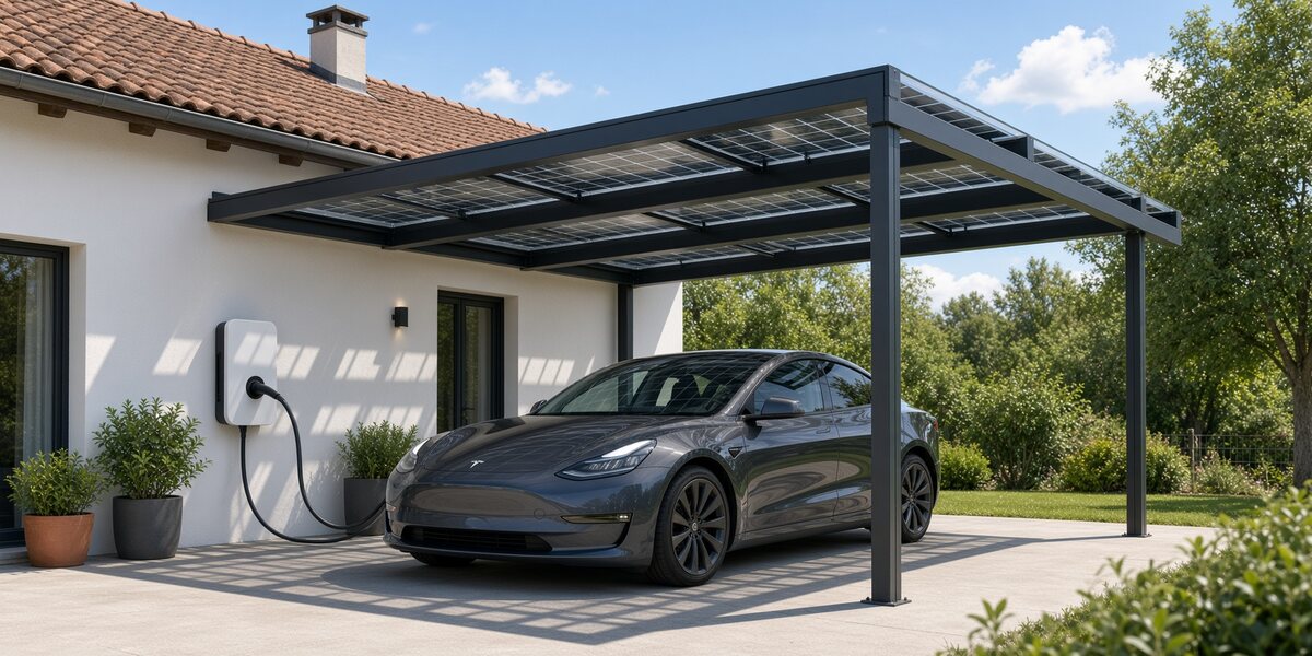 Napelemes üveg kocsibeálló családi ház mellett, alatta töltés alatt álló elektromos autó